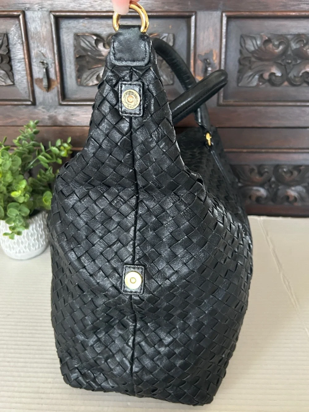 Christopher Kon Woven Leather Tote Bag with Detachable Strap - Black - Picture 4 of 15